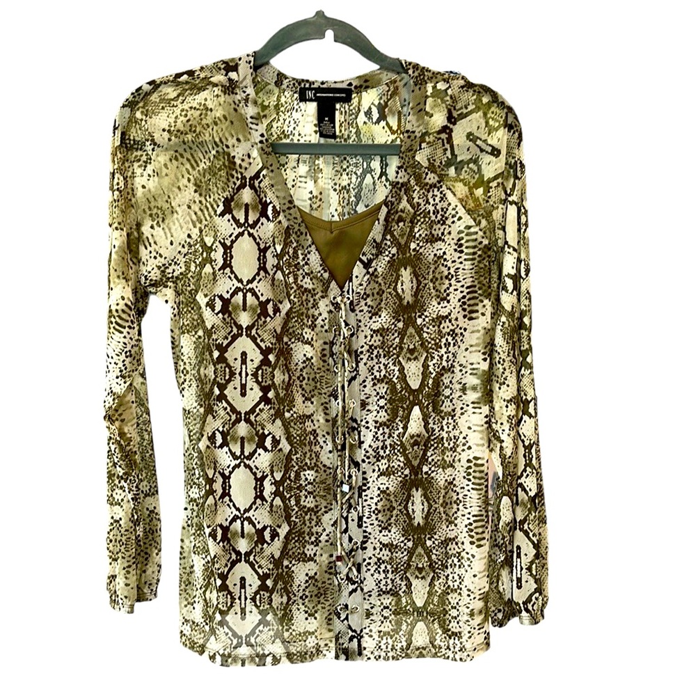INC two piece blouse with tank, loden green, front grommet detail, semi sheer, M